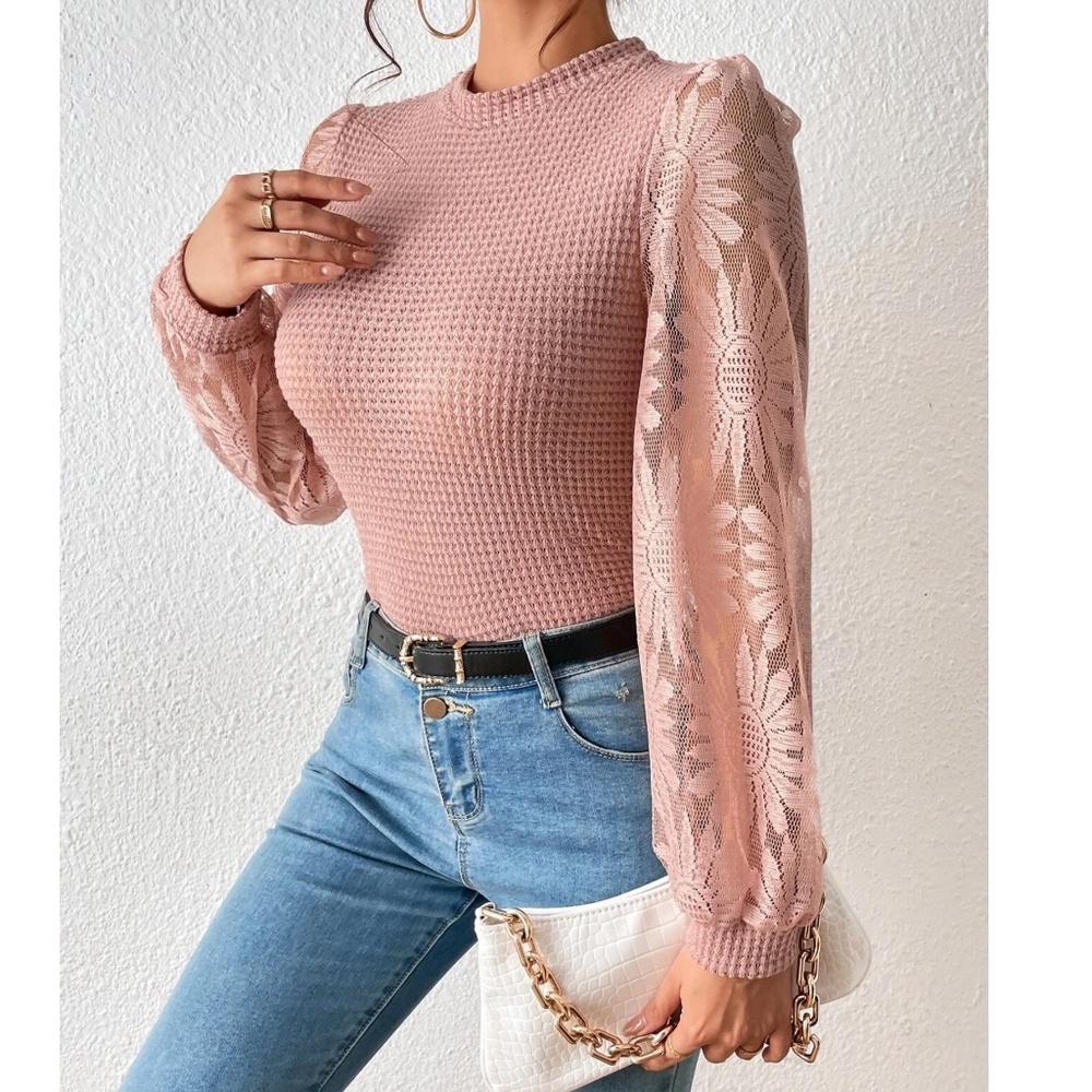 057 Boho Floral Sheer Lace Sleeve Top - Picture 6 of 8